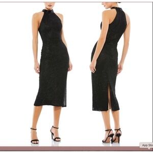 Mac Duggal 5531 Beaded Halter Midi Dress Size 0 Black Diamond Mesh Old Hollywood